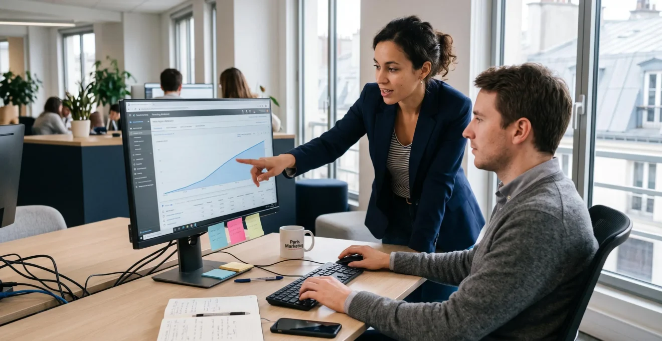 Deux professionnels marketing optimisent une campagne publicitaire en ligne sur un écran affichant un tableau de bord de performances dans un bureau moderne.