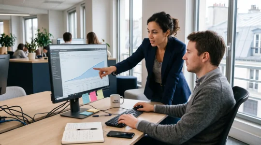 Deux professionnels marketing optimisent une campagne publicitaire en ligne sur un écran affichant un tableau de bord de performances dans un bureau moderne.